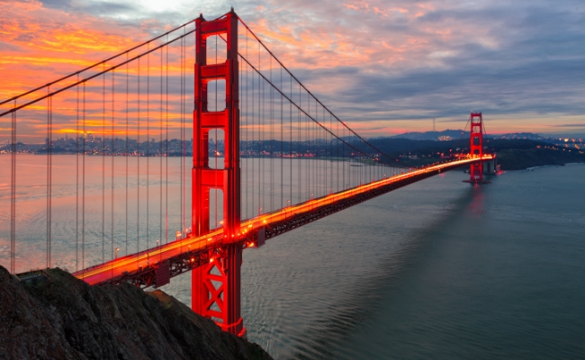 The Golden Gate Bridge at sunset.