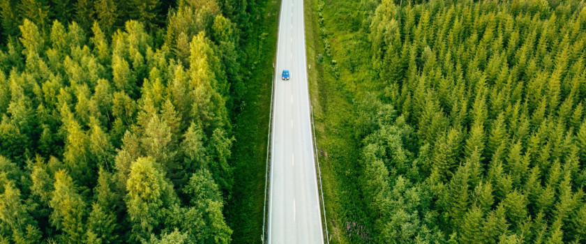 Aerial view from above of a country road through a lush forest.