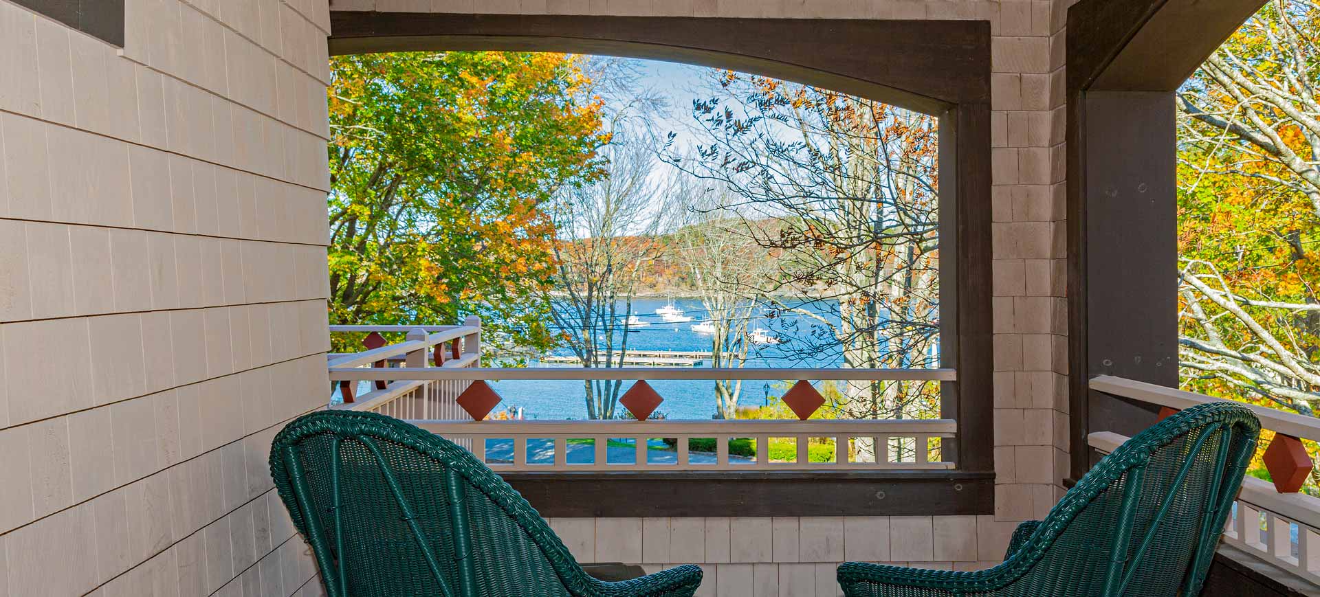 Scenic front porch overlooking the water at Ullikana Cottage in Bar Harbor